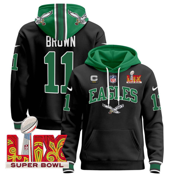 Men's Black Philadelphia Eagles #11 A.J. Brown 2025 Super Bowl LIX With 2-Star C Patch Pullover Stitched Hoodie